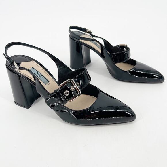 Prada Black Patent Leather Pointed Toe Mary Jane Strap Slingback Heel IT 40 - Picture 1 of 13